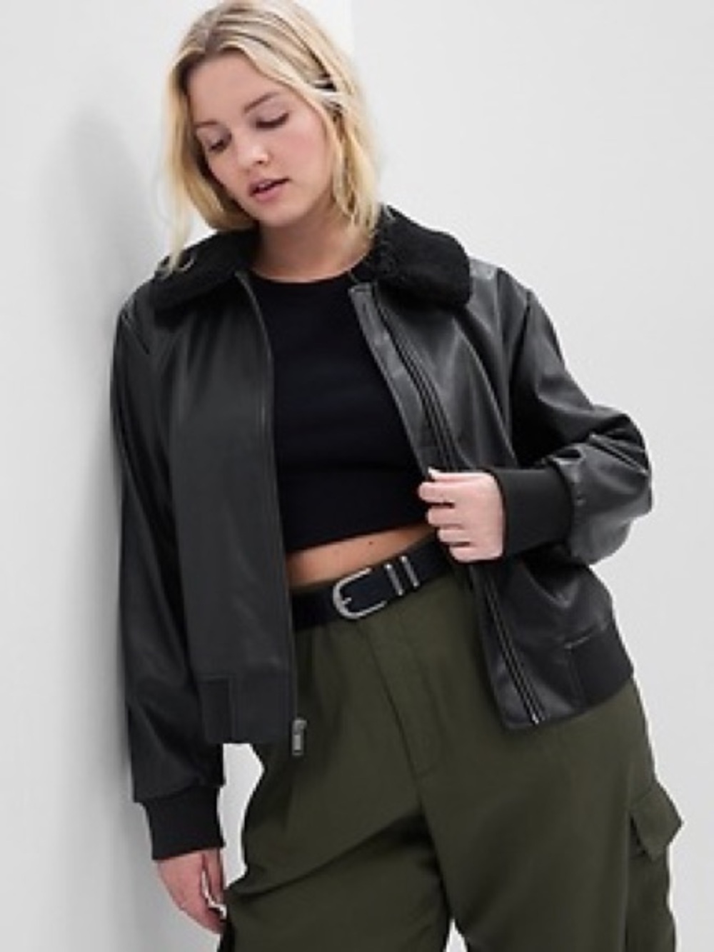 GAP Black Faux-Shearling Collar Bomber Jacket